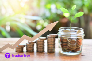 A picture of coins stacked seperately, showing. With an arrow showing the direction of increase in coin stacks. Up to the point of the final coins placed in a jar with a plant growing on top. Showing the benefits of investing in the Nigerian stock market