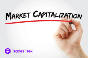 A hand with a marker writing market capitalisation on a white screen with the trades trek logo