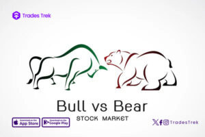 An Image with a bull and bear, with the trades trek logo and also a text that reads stock market