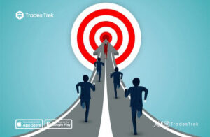 An image showing investors running towards their investment goal. the Trades Trek Logo is on the image.